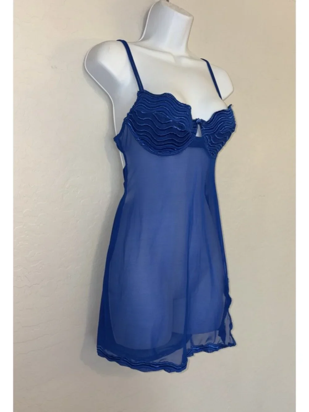 Frederick’s Of Hollywood Blue Y2K Sheer Babydoll Chemise Nightie Open Back‎ M